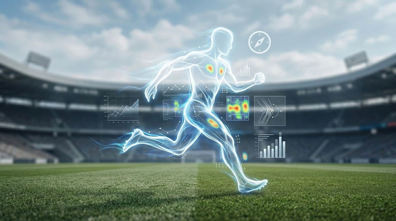 Ilustración de futbolista en movimiento con métricas de rendimiento, mapas de calor y gráficos de análisis en un estadio
