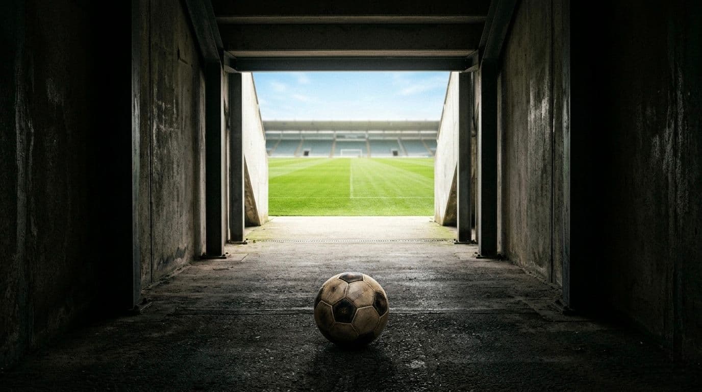 Túnel de fútbol abierto hacia una cancha iluminada con una pelota en primer plano, simbolizando el camino de amateur a profesional.