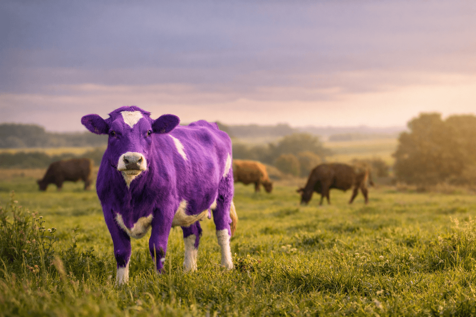 Una vaca de color púrpura destacando entre un grupo de vacas marrones en un campo verde al atardecer.