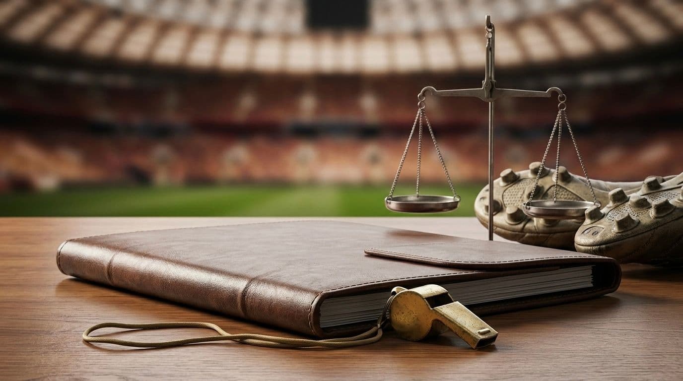 Primer plano de escritorio con carpeta de cuero, silbato dorado, balanza de justicia y botines viejos, sobre fondo desenfocado de estadio